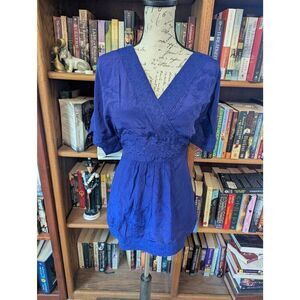 Anthropologie Maeve Tunic Top Blouse Womens 8 Blue Floral V-Neck Short Sleeve